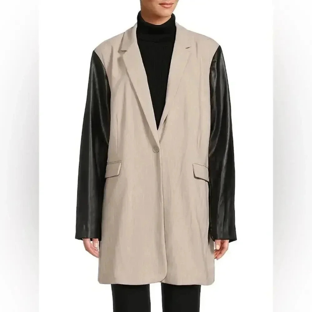 NEW- NWT! DKNY Mixed Media Faux Leather Sleeve Longline Jacket